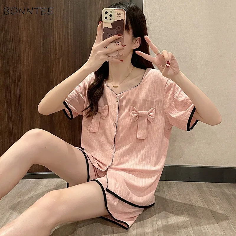 

Pajama Sets Women Colorful New Students College Breathable Cozy Summer Bow Simple Ulzzang Loose Fashion Print Home Wear Mujer