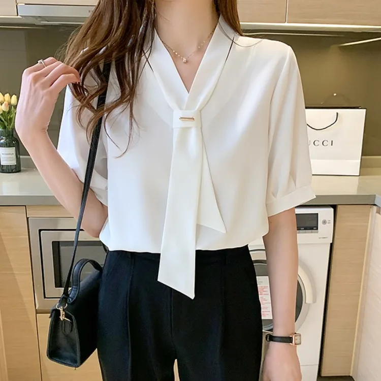 Женская шифоновая блузка с бантом, повседневная офисная блузка свободного покроя в Корейском стиле с коротким рукавом, лето 2022