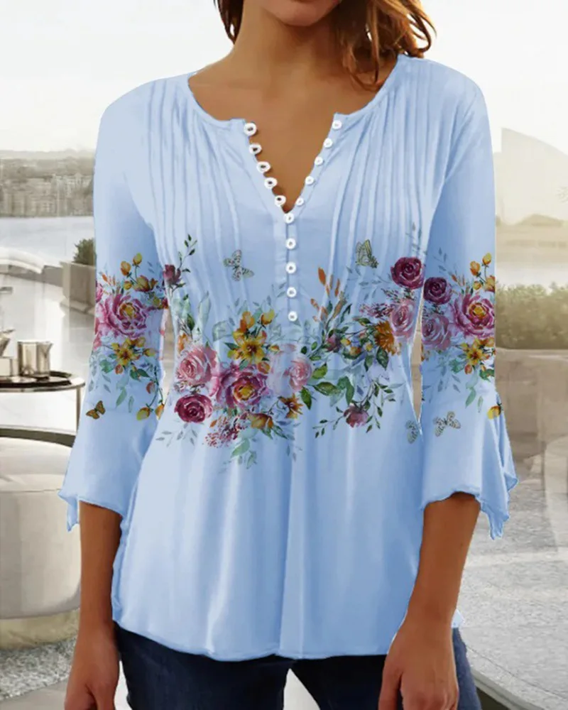 Women's Shirts Blue White Pink Blouse Floral Print V-neck Button 3/4 Length Sleeve Casual Elegant Office Tee Shirts Woman Blusas
Women's Shirts Blue White Pink Blouse Floral Print V-neck Button 3/4 Length Sleeve Casual Elegant Office Tee Shirts Woman Blusas