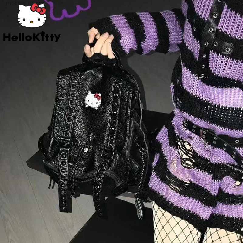 

Sanrio Hello Kitty Y2K Rivet Punk Backpack Large Capacity Girl Gothic Yk2 Streetwear School Bag Travel Backpack Women Grunge Bag