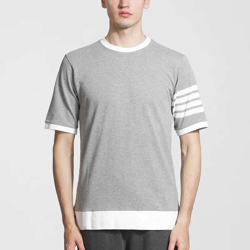THOM TB Men's T-shirt Summer Fashion Slim Pure Tops Cotton Jersey Short Sleeve 4-Bar Stripe High Quality Patchwork Oversized Tee 
THOM TB Men's T-shirt Summer Fashion Slim Pure Tops Cotton Jersey Short Sleeve 4-Bar Stripe High Quality Patchwork Oversized Tee