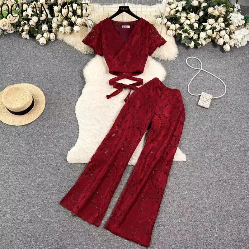 Lace Embroidered Pants Sets Solid V Neck Hollow Out Sexy Two Piece Set or Women Korean ashion Conjuntos De Pantalon
Lace Embroidered Pants Sets Solid V Neck Hollow Out Sexy Two Piece Set or Women Korean ashion Conjuntos De Pantalon