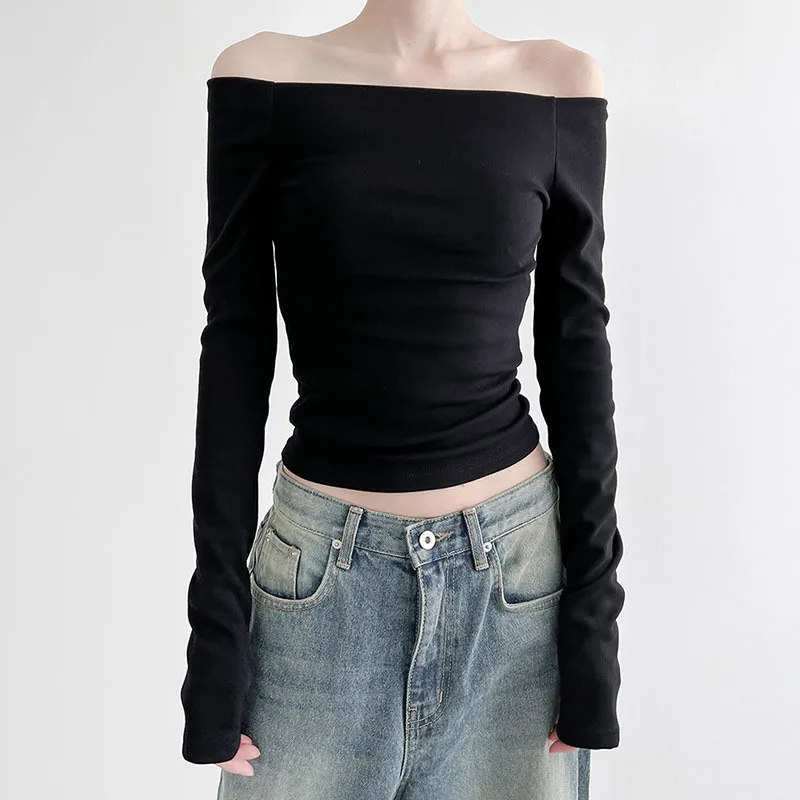 Long Sleeve Tops Korean Fashion Slim Black Solid Slash Neck Elegant Sexy Cropped T Shirt Women Fall Clothing
Long Sleeve Tops Korean Fashion Slim Black Solid Slash Neck Elegant Sexy Cropped T Shirt Women Fall Clothing