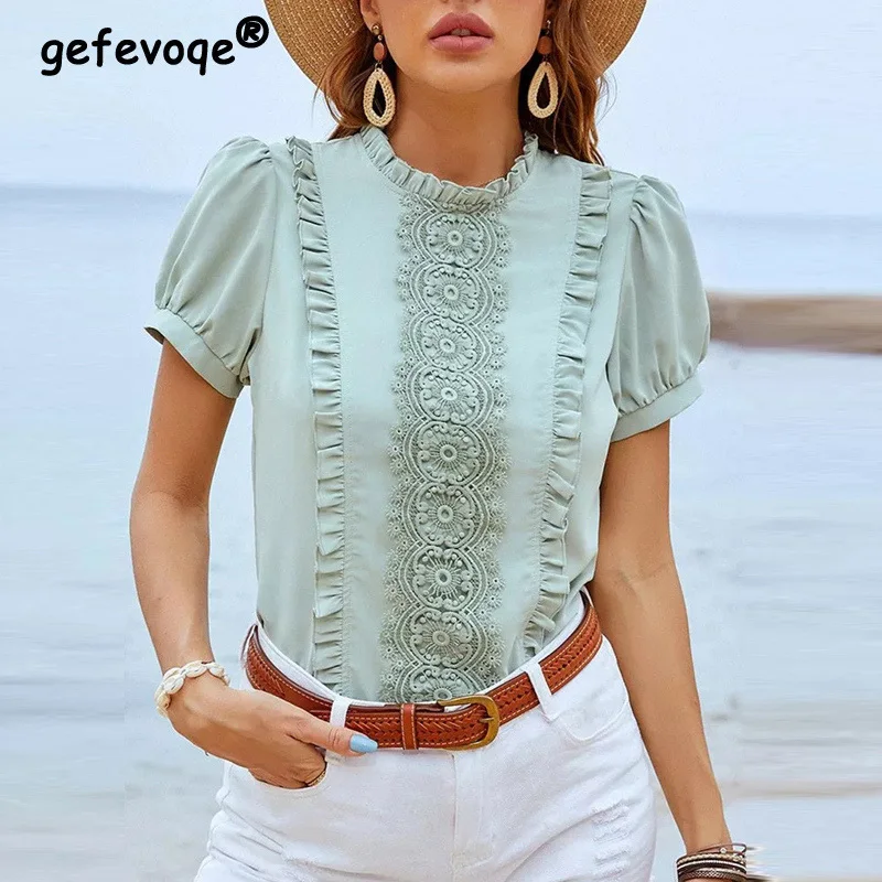 Women's Vintage Ruffle Lace O Neck Short Sleeve Chic Fashion Blouses Shirts Summer Casual Elegant Solid Sweet Office Ladies Tops
Women's Vintage Ruffle Lace O Neck Short Sleeve Chic Fashion Blouses Shirts Summer Casual Elegant Solid Sweet Office Ladies Tops