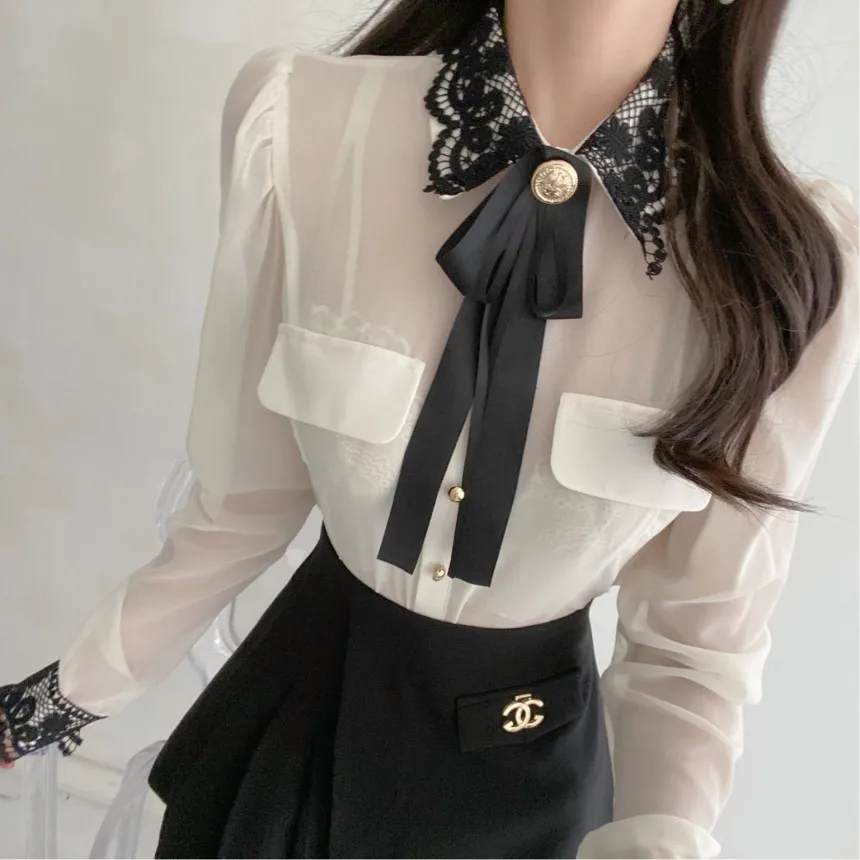 Elegant Bow Shirt For Women Lace Splice Chiffon Blouse Autumn Thin Button Up Blouse Office Shirt Long Sleeve Tops Female
Elegant Bow Shirt For Women Lace Splice Chiffon Blouse Autumn Thin Button Up Blouse Office Shirt Long Sleeve Tops Female