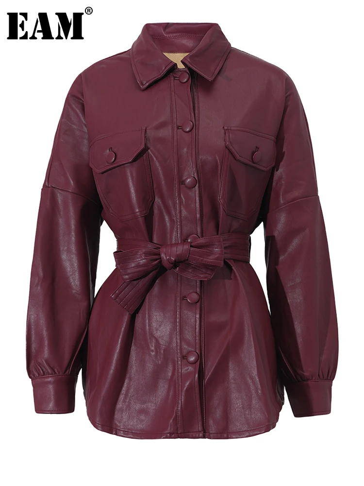 

[EAM] Loose Fit Wine Red Pu Leather Belted Big Size Jacket New Lapel Long Sleeve Women Coat Fashion Spring Autumn 2023 WH292