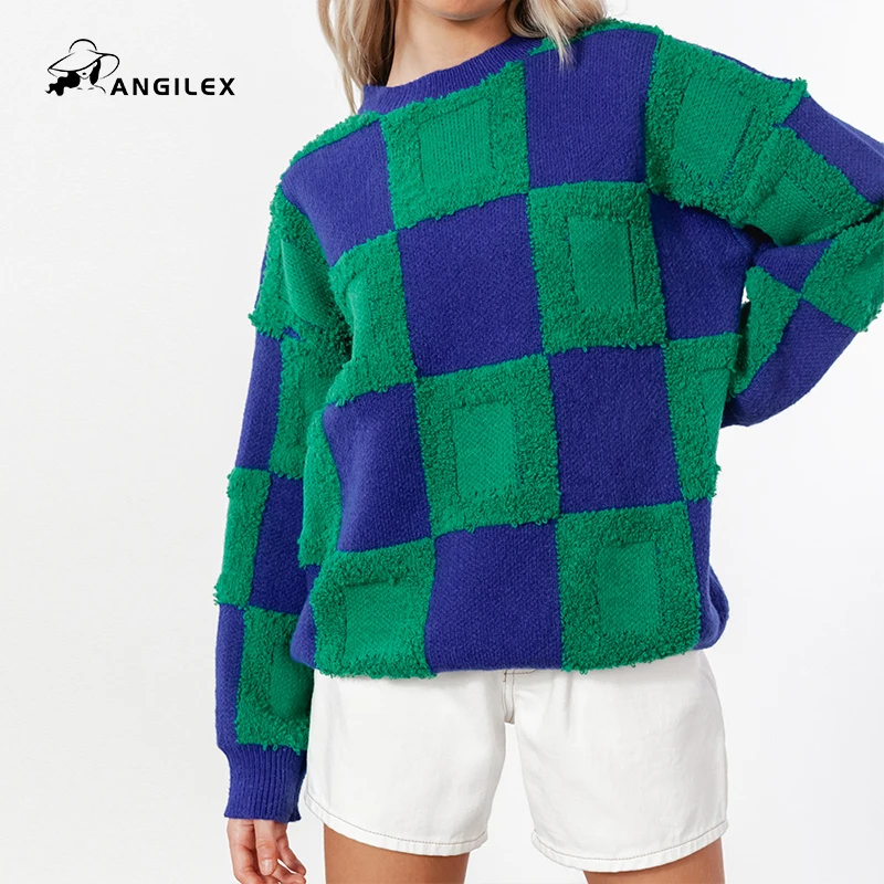 ANGILEX checkerboard knitted pullover 2022 autumn and winter new casual color matching round neck long-sleeved sweater women
ANGILEX checkerboard knitted pullover 2022 autumn and winter new casual color matching round neck long-sleeved sweater women