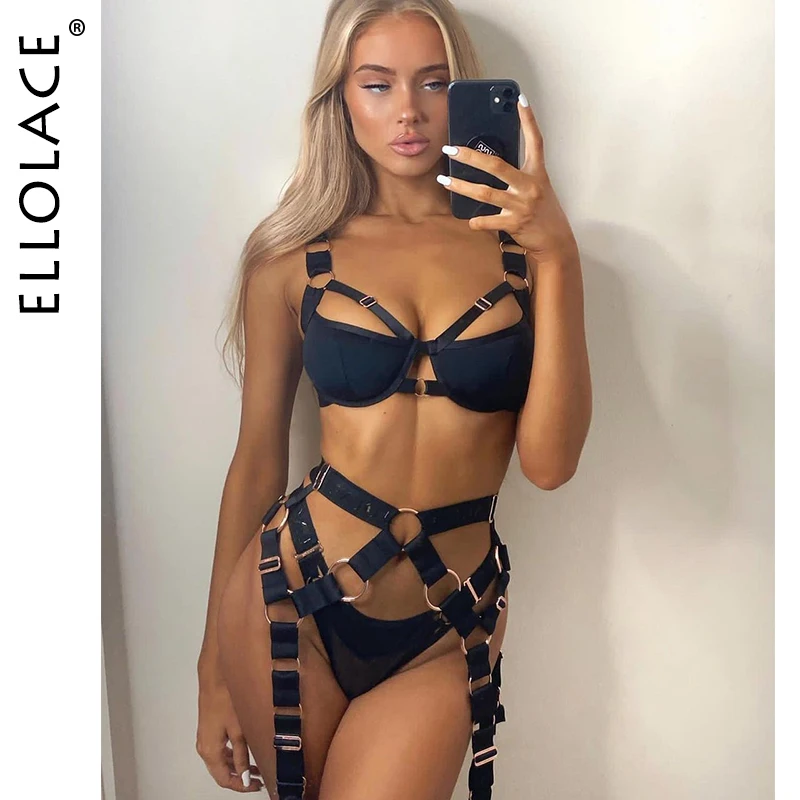 Ellolace Sensual Lingeire Goth Women's Underwear Set Black Hollow Out Splicing Brief 3 Piece Underwire Bra Garters Bilizna Set
Ellolace Sensual Lingeire Goth Women's Underwear Set Black Hollow Out Splicing Brief 3 Piece Underwire Bra Garters Bilizna Set