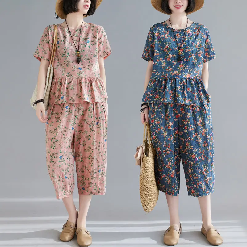 2022 Summer New Casual Vintage Floral Two Pieces Sets Female Short Sleeve Loose Top + Ankle-length Harem Pants Ladies Suit F69
2022 Summer New Casual Vintage Floral Two Pieces Sets Female Short Sleeve Loose Top + Ankle-length Harem Pants Ladies Suit F69