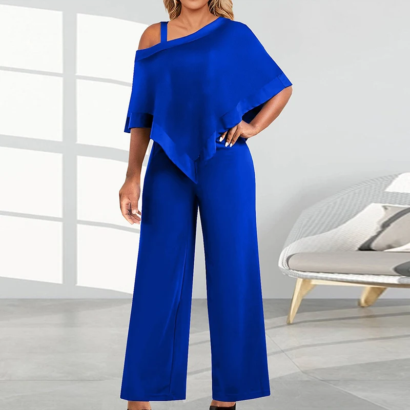 

Sexy Skew Collar Hollow Straps Jumpsuit Women Spring One Shoulder Ruffle Straight Playsuit Summer Batwing Sleeve Romper Overalls