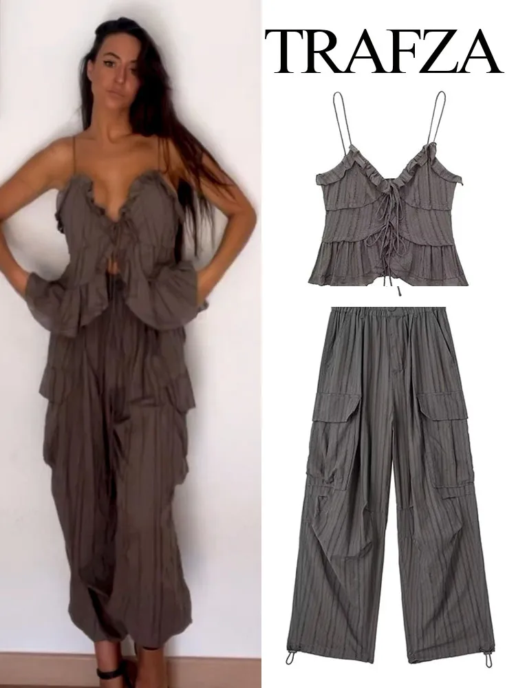 TRAFZA Suits For Women Cotton Chest Tie Spaghetti Straps Cropped Camis + Solid With Pleated Cool Hotsweet Female Overalls Pants
TRAFZA Suits For Women Cotton Chest Tie Spaghetti Straps Cropped Camis + Solid With Pleated Cool Hotsweet Female Overalls Pants