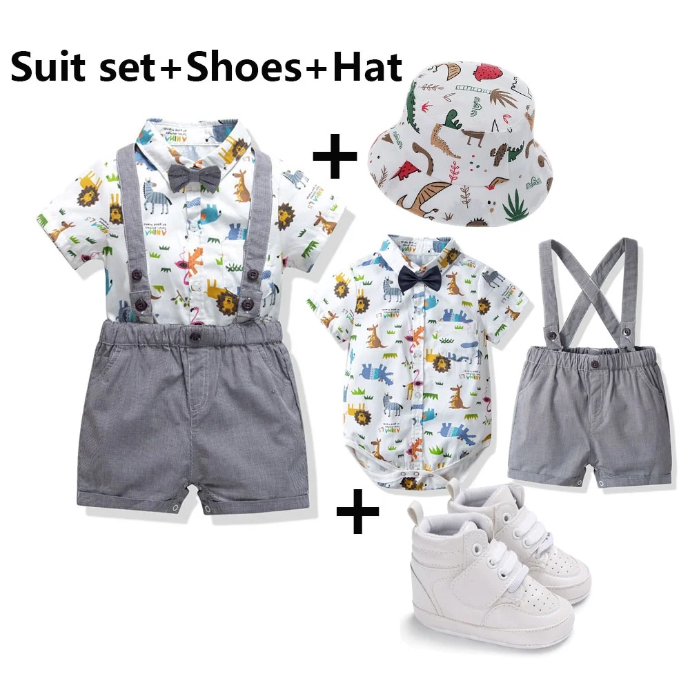 

New Born Baby Clothe set Boy ummer Cartoon Outfit Animal Printed Bodyuit Romper + hoe Hat 0-18M