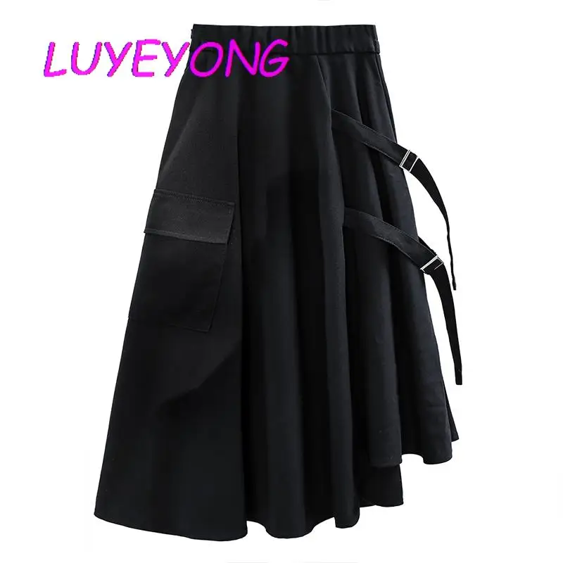 

Женская плиссированная юбка с высокой талией, черная Готическая уличная длинная юбка в стиле Харадзюку, в стиле панк, с пряжкой, модная одеж...