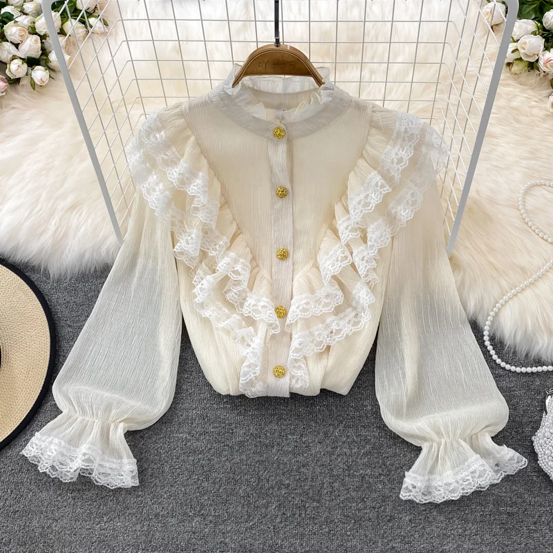 

Women 2022spring and autumn lace trumpet sleeves chiffon long sleeves loose lotus leaf edge foreign chic Shirt tops female D0530