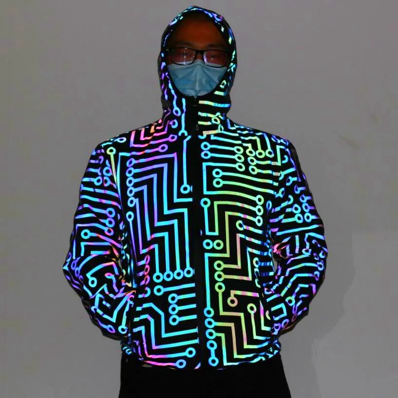 2020 Men's Circuit Geometric Pattern Rainbow-Colored Reflective Jacket Nightclub Dancer Hip-Hop Colorful Windbreaker Hooded Coat
2020 Men's Circuit Geometric Pattern Rainbow-Colored Reflective Jacket Nightclub Dancer Hip-Hop Colorful Windbreaker Hooded Coat
