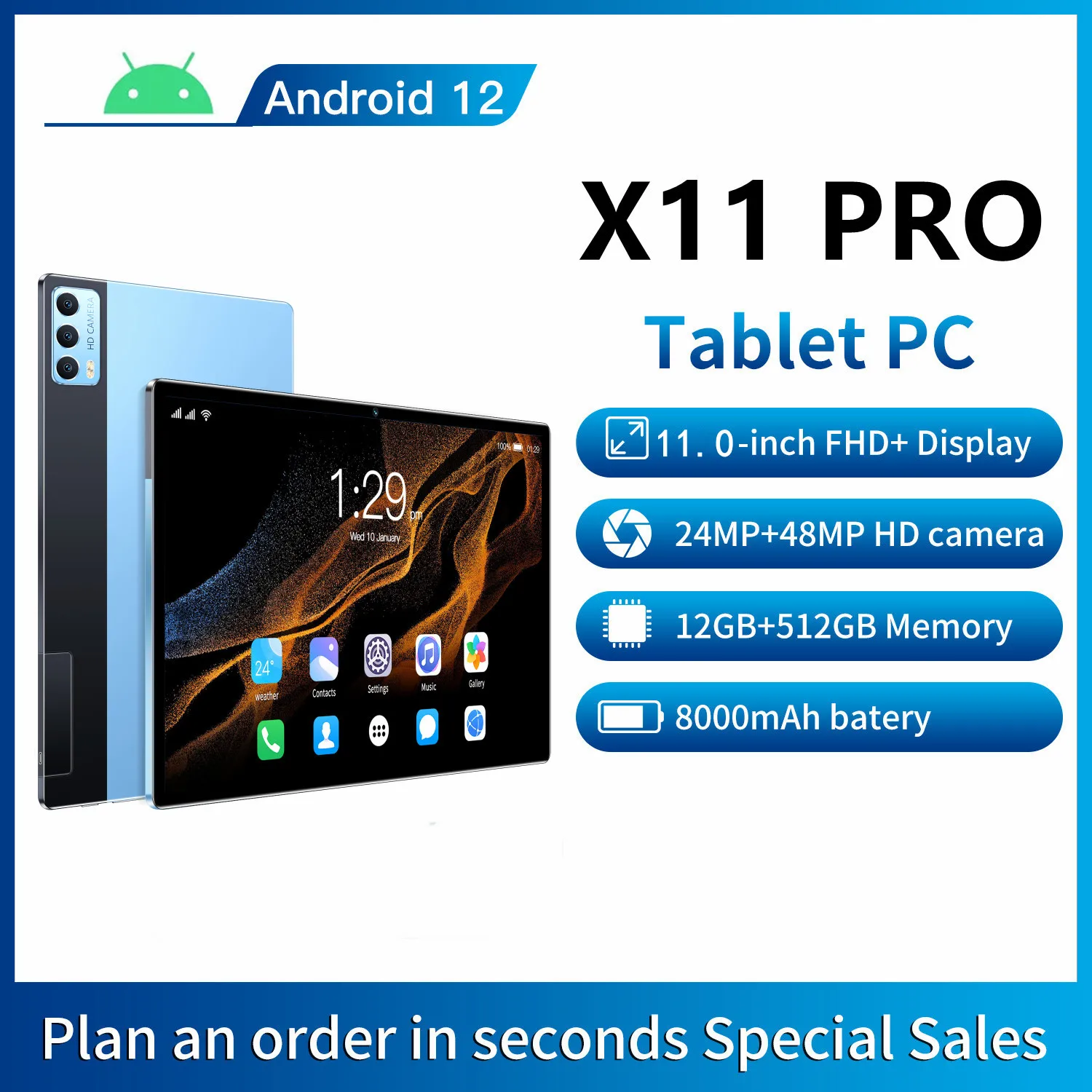 2023 Global Version X11 Pro Tablet 11 Inch Android 12 Tablet Deca Core 12GB+512GB ROM 5G Phone Call Bluetooth Wi-Fi Tablet Pc
2023 Global Version X11 Pro Tablet 11 Inch Android 12 Tablet Deca Core 12GB+512GB ROM 5G Phone Call Bluetooth Wi-Fi Tablet Pc