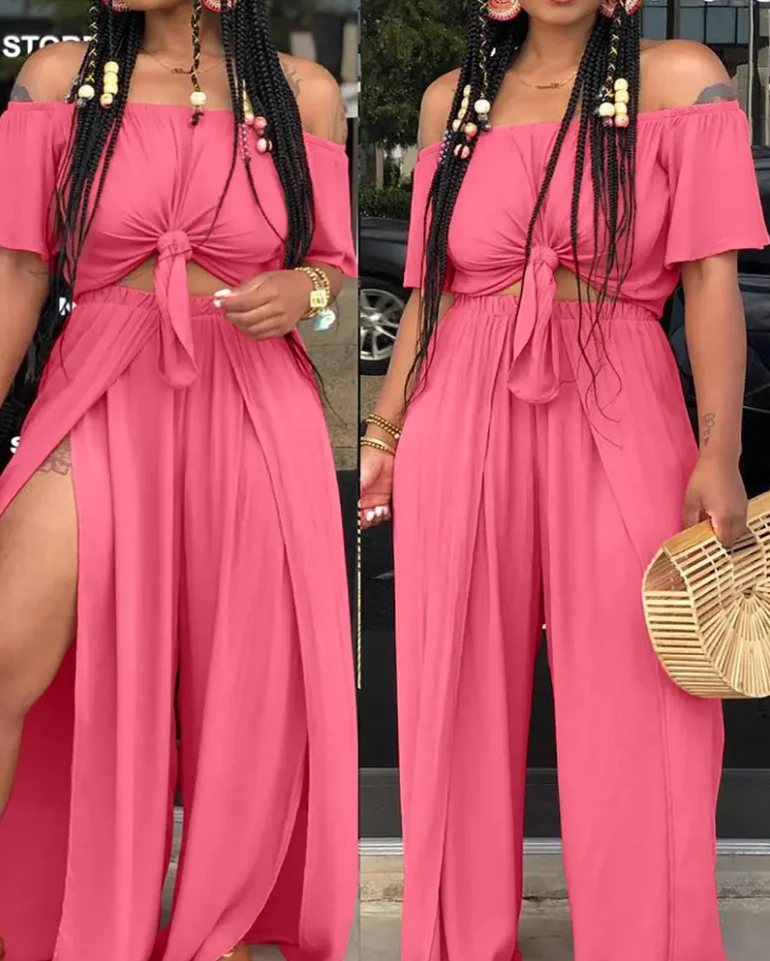 Two Piece Sets Womens Outfits Off Shoulder Tied Top & Slit Leg Pants Set Elegant Chic Solid Tracksuit Playsuit Beach Outfits
Two Piece Sets Womens Outfits Off Shoulder Tied Top & Slit Leg Pants Set Elegant Chic Solid Tracksuit Playsuit Beach Outfits