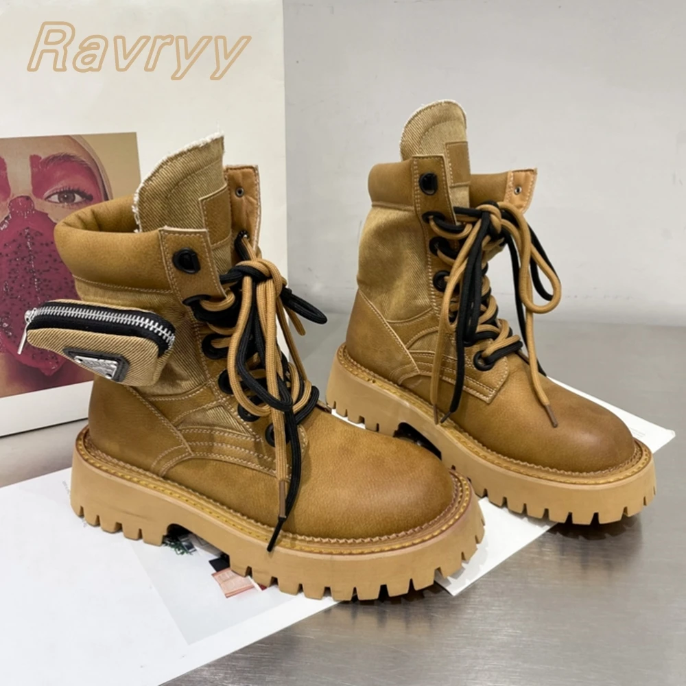 

Retro Brown Genuine Leather Packet Bag Boots 2023 New Year Wild Mid Calf Women Shoes Mixed Color Round Toe Platform Sexy Boots