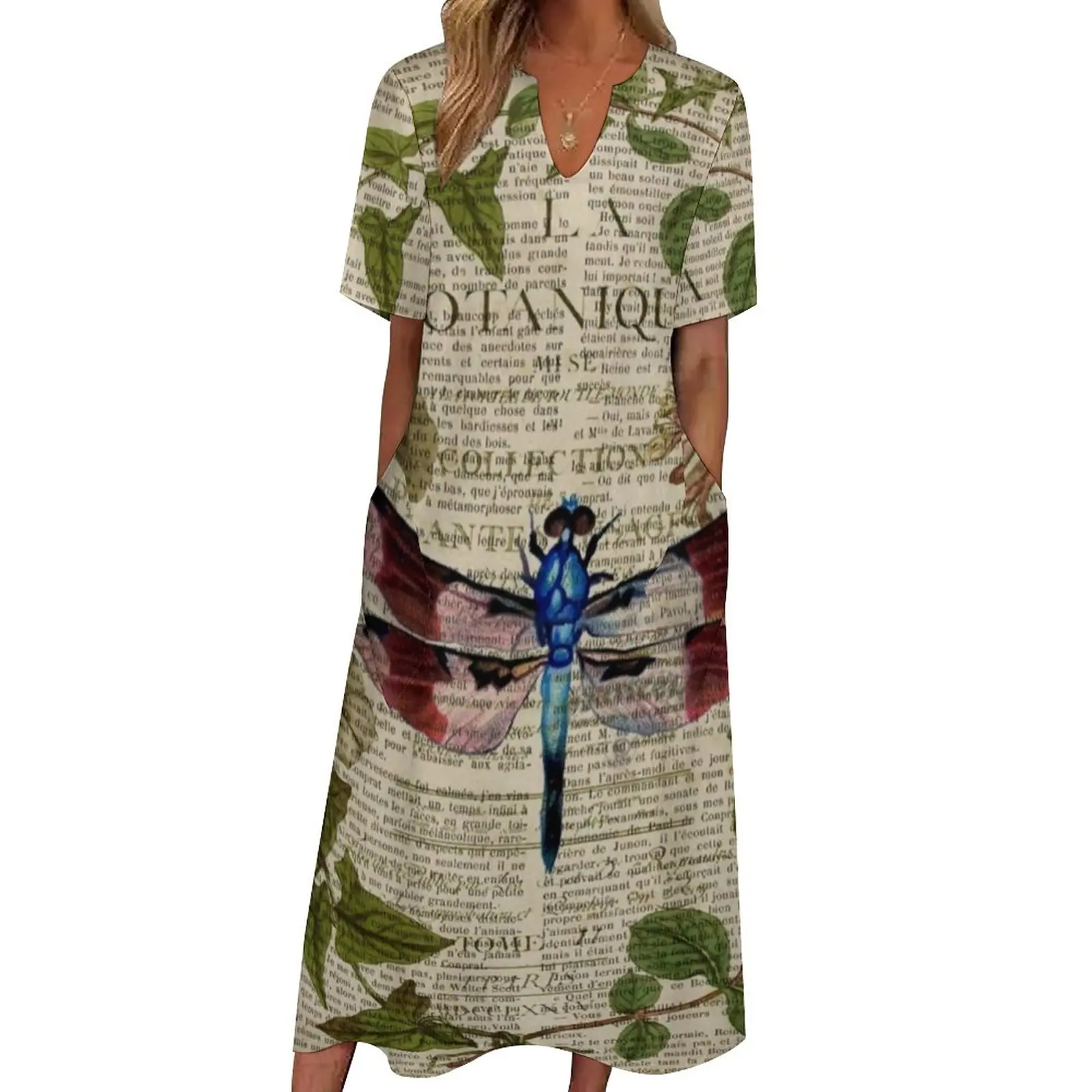 

Newspaper Print Dress Modern Leaves Botanical Art Kawaii Maxi Dress Street Fashion Casual Long Dresses V Neck Graphic Vestidos