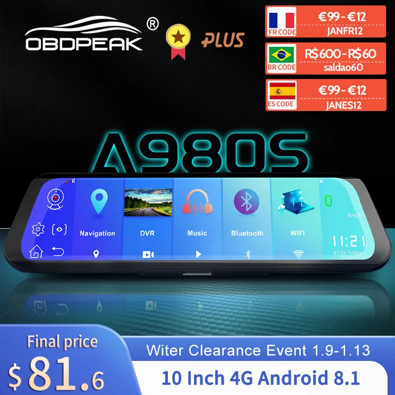 

A980s 4G Car DVR 10" Android 8.1 Stream RearView Mirror FHD 1080P ADAS Dash Cam Camera Video Recorder Auto Registrar Dashcam GPS
