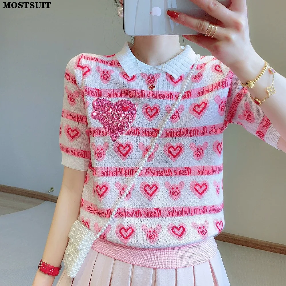 Love Jacquard Sequins Knit Sweater Tshirt Women Ice Silk Tops Tees 2023 Summer Short Sleeve Stylish Fashion Chic Elegant Jumpers
Love Jacquard Sequins Knit Sweater Tshirt Women Ice Silk Tops Tees 2023 Summer Short Sleeve Stylish Fashion Chic Elegant Jumpers