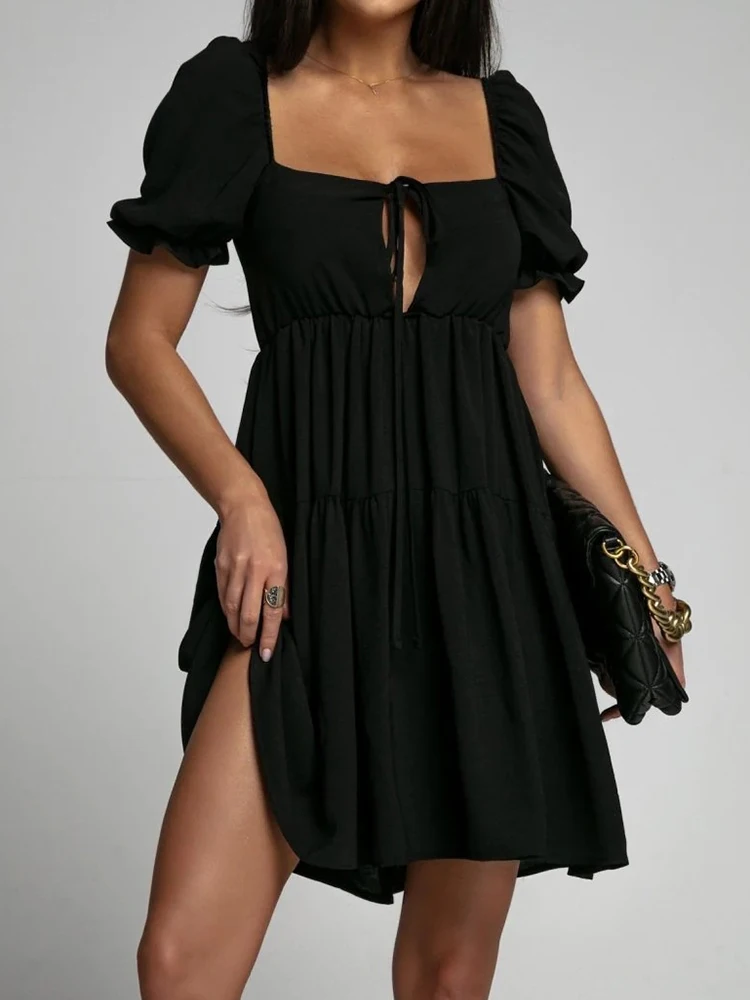 Summer Elegant Square Neck Short Sleeve Hollow Dress Ladies Fashion Solid Lace-Up Mini Dress Women Casual Pleated Office Dresses
Summer Elegant Square Neck Short Sleeve Hollow Dress Ladies Fashion Solid Lace-Up Mini Dress Women Casual Pleated Office Dresses