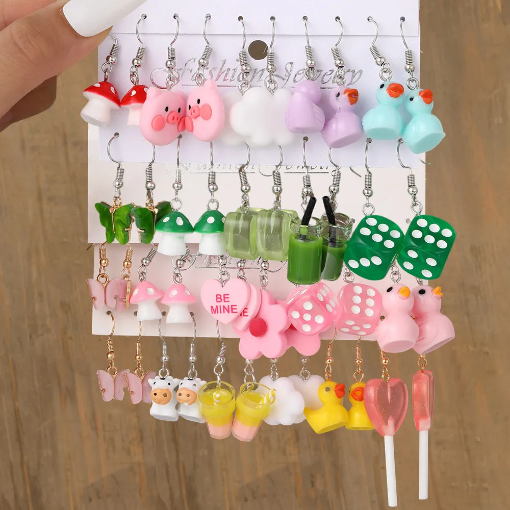 

Colorful Butterfly Heart Cartoon Dangle Earrings Set For Women Girl Kids Cute Duck Clouds Resin Drop Earring Jewelry Accessories
