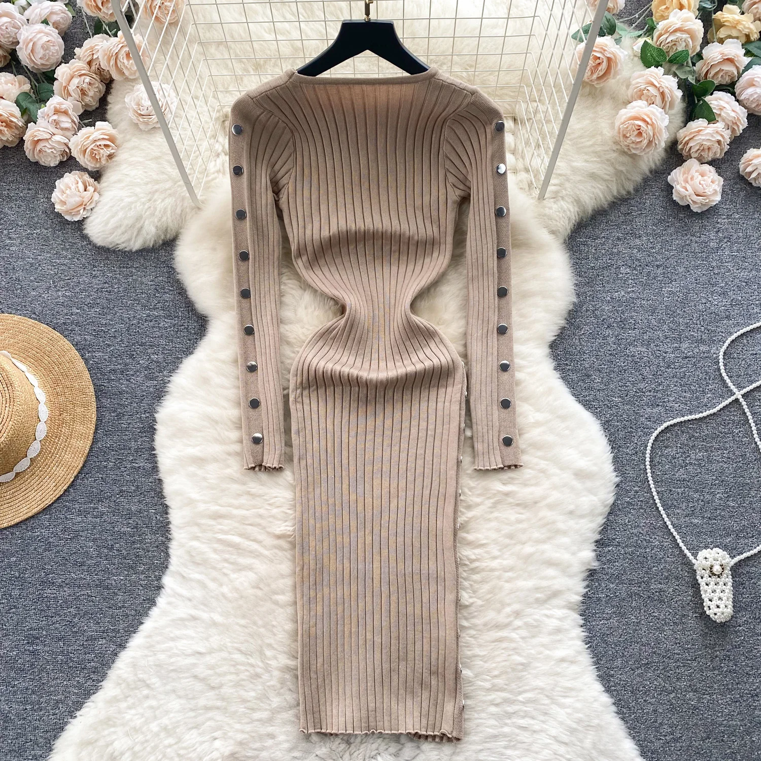 Women Chic Elegant O Neck Long Sleeve side Button Bodycon Dress Sexy Fashion Knit Elastic Slim hip wrap Sweater Dress
Women Chic Elegant O Neck Long Sleeve side Button Bodycon Dress Sexy Fashion Knit Elastic Slim hip wrap Sweater Dress