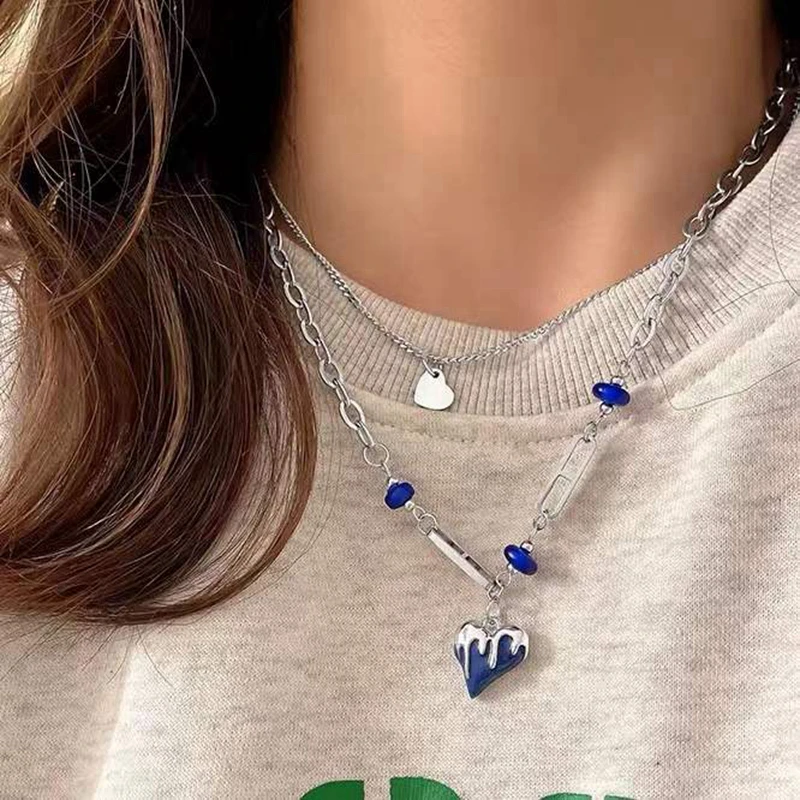 Hip Hop Klein Blue Bead Heart Pendant Necklace for Women Double Silver Color Chains Snow Hearts Necklaces Punk Jewelry Accessory
Hip Hop Klein Blue Bead Heart Pendant Necklace for Women Double Silver Color Chains Snow Hearts Necklaces Punk Jewelry Accessory