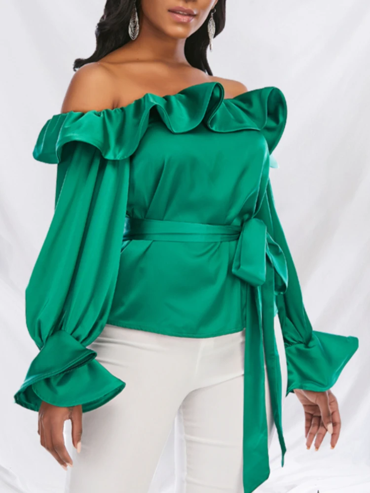 Women Off Shoulder Blouses Tops Shirts Ruffles with Waist Belt Long Lantern Sleeves Sexy Christmas Spring New Fashion Lady Bluas
Women Off Shoulder Blouses Tops Shirts Ruffles with Waist Belt Long Lantern Sleeves Sexy Christmas Spring New Fashion Lady Bluas