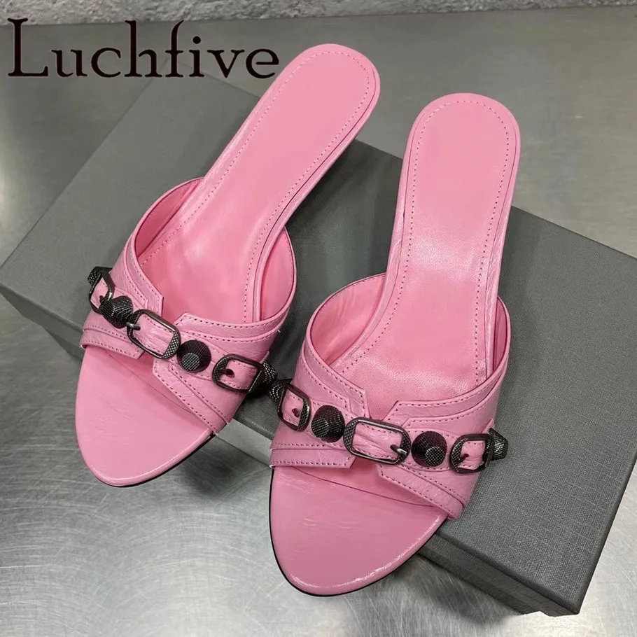 

2022 Summer New Genuine Leather Kitten Heel Slippers Women Slip On Peep Toe Sandals Sexy Party Shoes Runway Ladies Slippers