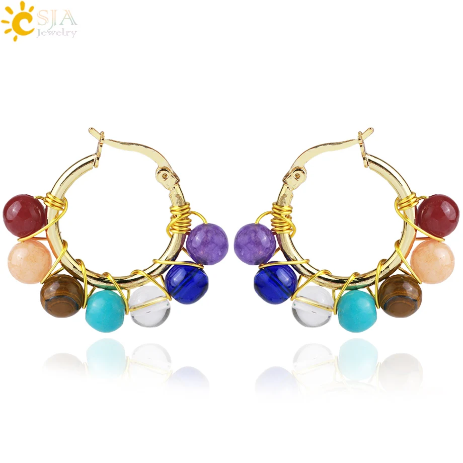 CSJA Natural Stone 7 Chakras Hoop Earrings Reiki Chip Bead Pink Quartz Crystal Earrings Gold Color Earrings Jewelry Women G997
CSJA Natural Stone 7 Chakras Hoop Earrings Reiki Chip Bead Pink Quartz Crystal Earrings Gold Color Earrings Jewelry Women G997
