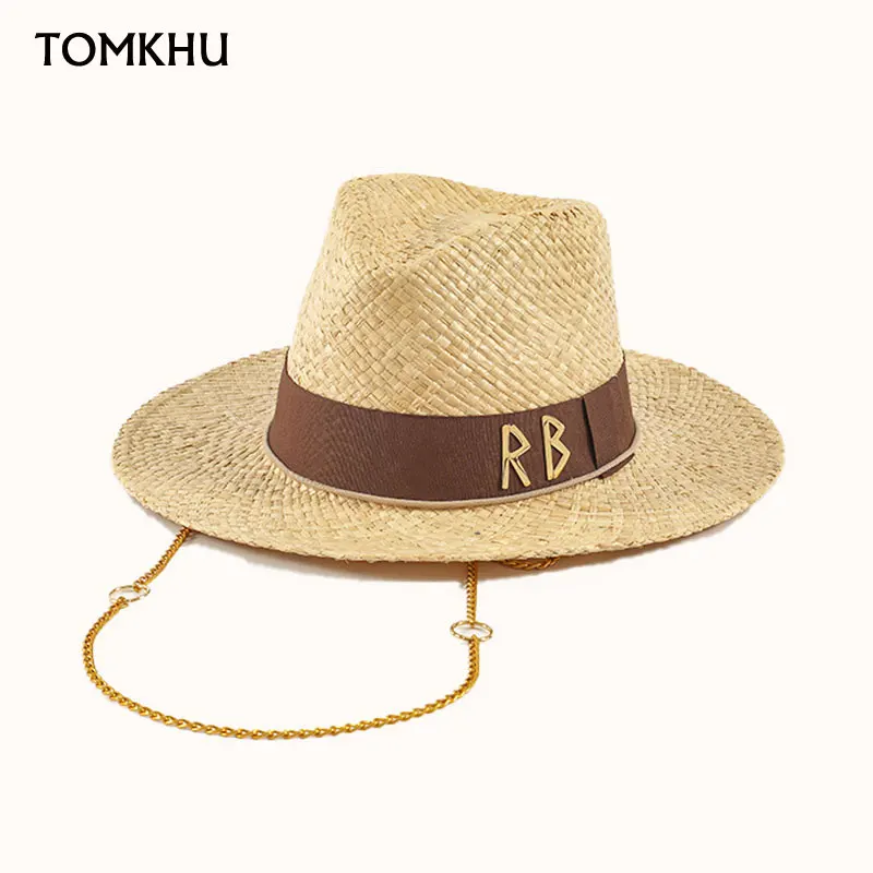 

Fashion Letters Summer Raffia Panama Straw Hats With Metal Chain Women Men Caps Wide Brim Chain Sun Hat Outdoor Jazz Boater Hat