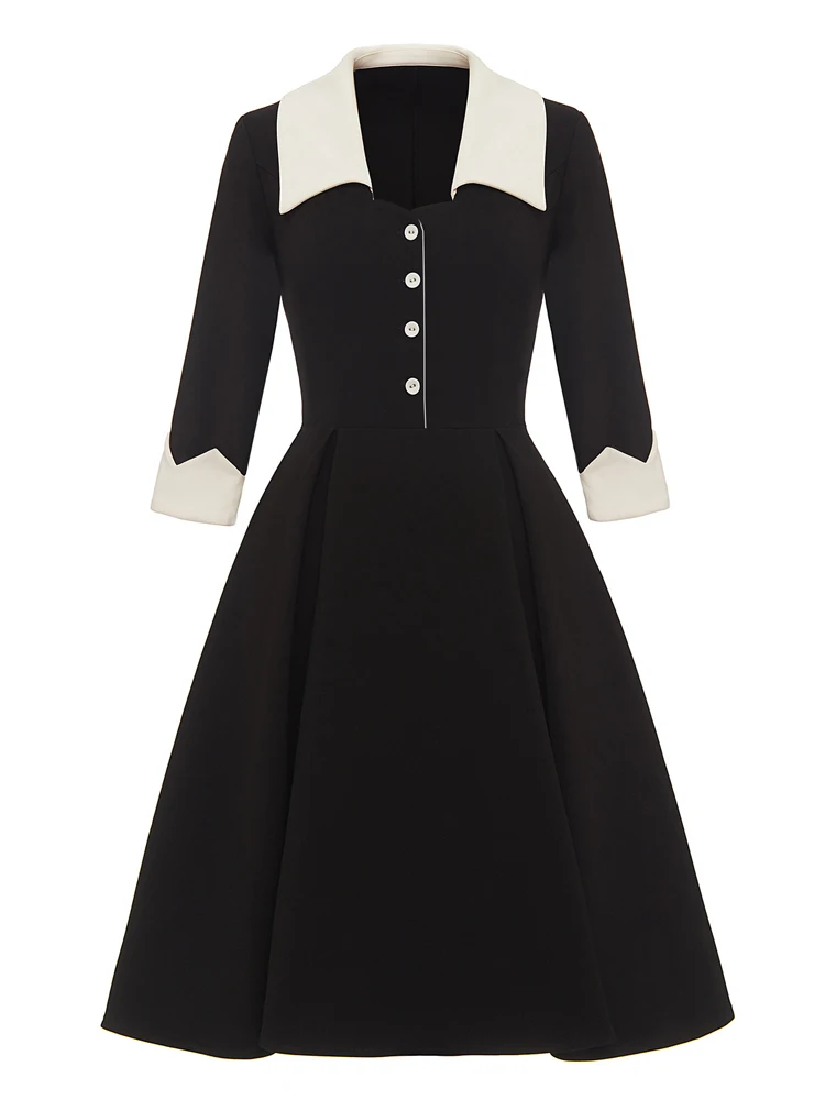 Patchwork Vintage Black Midi Swing Dress Women Contrast Collar Button Up 3/4 Sleeve Elegant 1950s Clothes A-Line Flare Dresses
Patchwork Vintage Black Midi Swing Dress Women Contrast Collar Button Up 3/4 Sleeve Elegant 1950s Clothes A-Line Flare Dresses