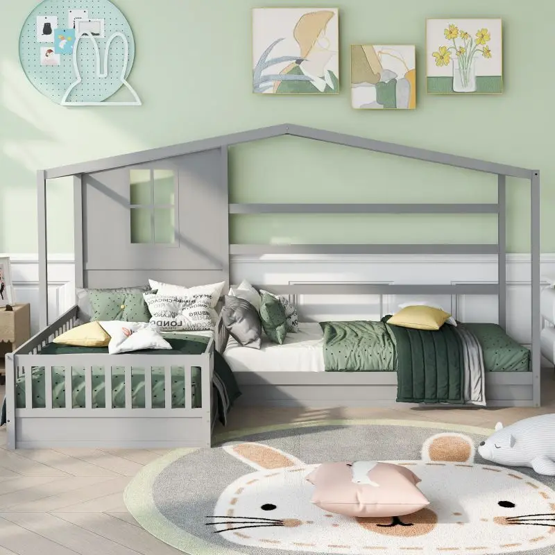 Wood House Bed Twin Size 2 Twin Solid Bed L structure with fence and slatted frame
Wood House Bed Twin Size 2 Twin Solid Bed L structure with fence and slatted frame