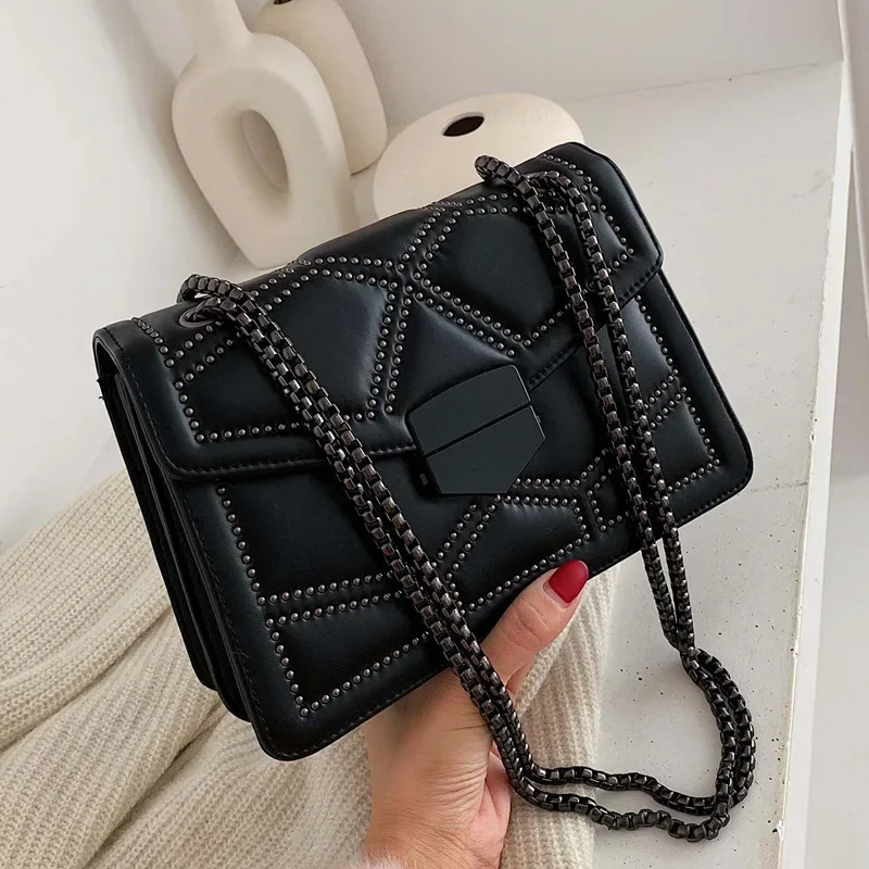 

Vintage Rivet Chain Small Shoulder Bags For Women Flap PU Leather Fashion Small Square Crossbody Bag Designer Handbag