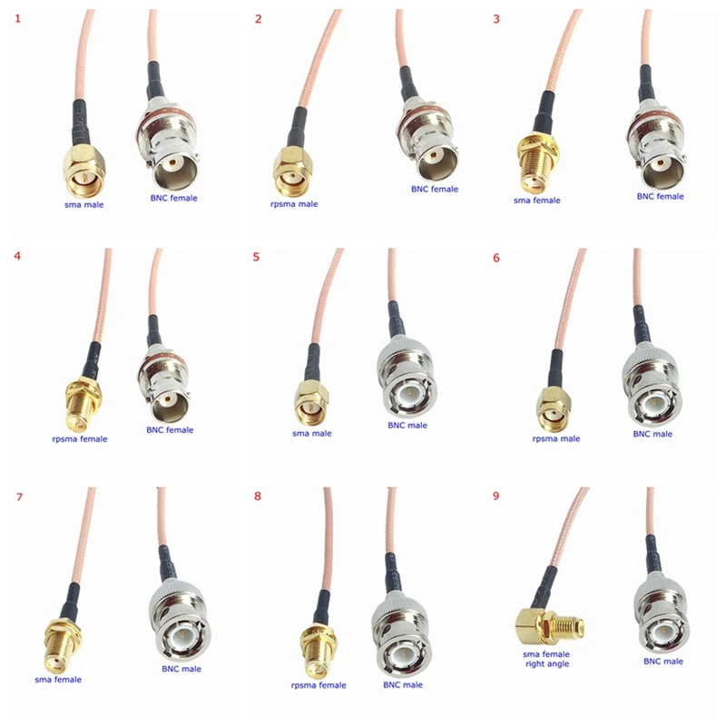 

RG316 Cable Q9 BNC To SMA Male Plug Female Jack Extension Conncetor SMA To BNC Q9 Crimp for RG-316 Pigtai Low Loss Brass Copper