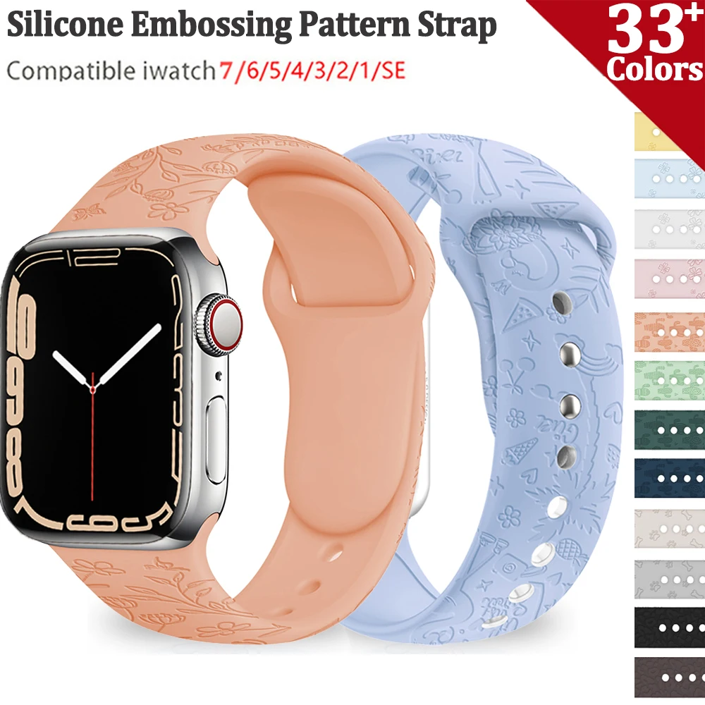 Ремешок силиконовый для Apple Watch 7 Band 41 45 44 мм 38 мм 42 мм, резиновый браслет с тиснением и рисунком для смарт-часов iWatch Se 3456 
Ремешок силиконовый для Apple Watch 7 Band 41 45 44 мм 38 мм 42 мм, резиновый браслет с тиснением и рисунком для смарт-часов iWatch Se 3456