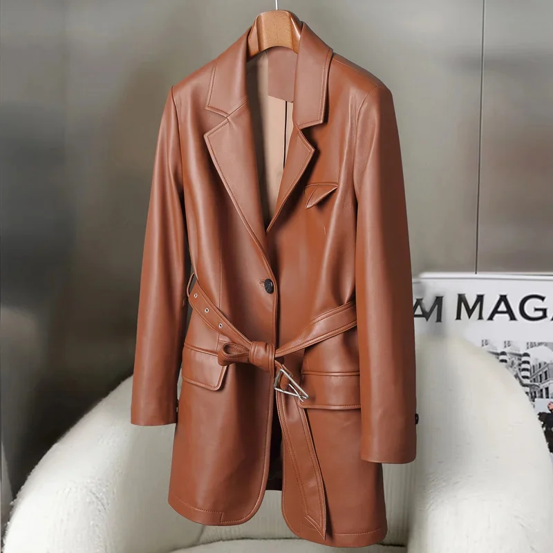 

Genuine leather jacket Women's sheep skin mid length windbreaker suit collar casual leather jacket loose autumn and winter