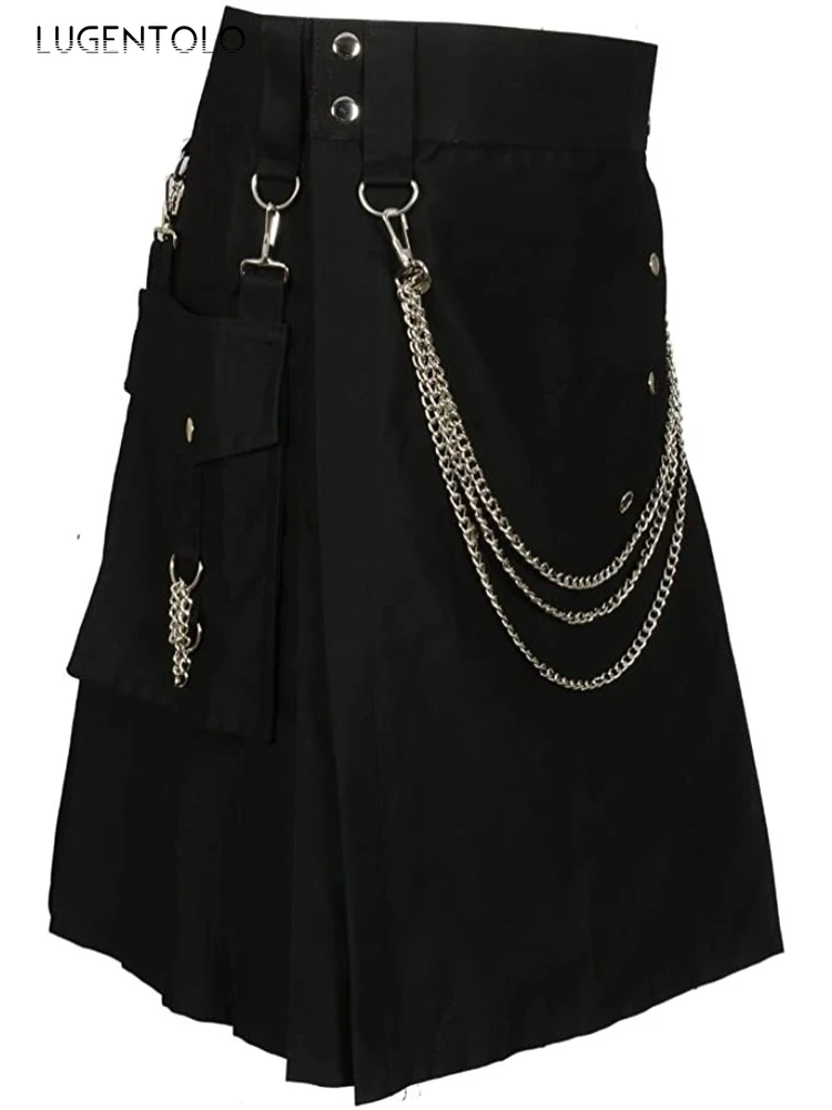 

Men Holiday Scotland Skirt Chain Pleated Black Festival Dance Linen Men's Large Size Casual Spring Autumn Dannsa Skirts