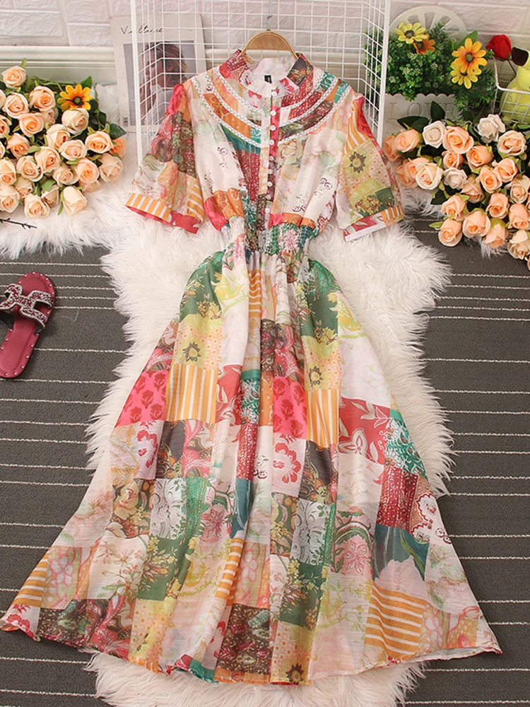 Women Summer Dress Vintage Temperament National Style Fake Long Skirt New Fashion Stand Collar Single Breasted Print Dress D2741
Women Summer Dress Vintage Temperament National Style Fake Long Skirt New Fashion Stand Collar Single Breasted Print Dress D2741