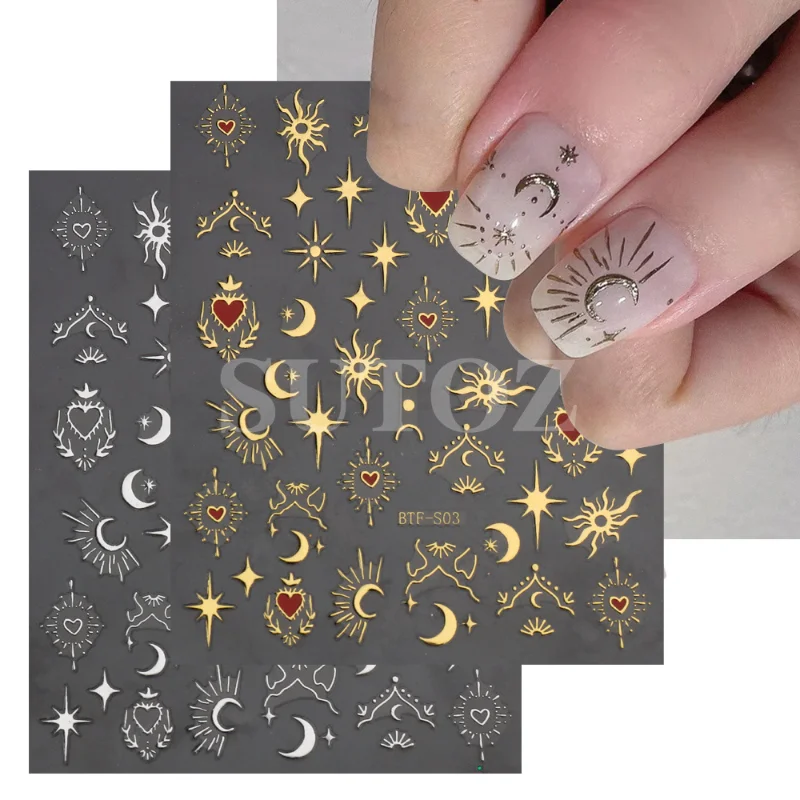 

3D Heart Stickers For Nails Valentines Day Decoration Gold Moon Nail Sliders Butterfly Manicure Decals