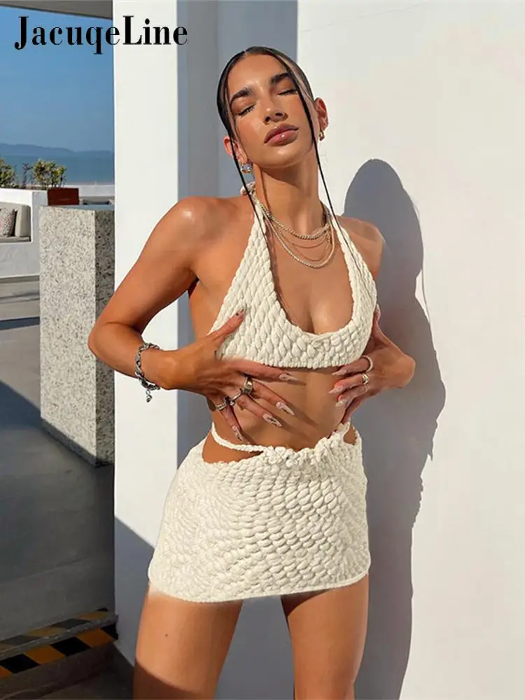 Jacqueline 2022 Y2K Beach Sexy Skirts Sets Women Summer See Through Jacquard Deep V Halter Crop Tops and Mini Dress 2 Piece Sets
Jacqueline 2022 Y2K Beach Sexy Skirts Sets Women Summer See Through Jacquard Deep V Halter Crop Tops and Mini Dress 2 Piece Sets