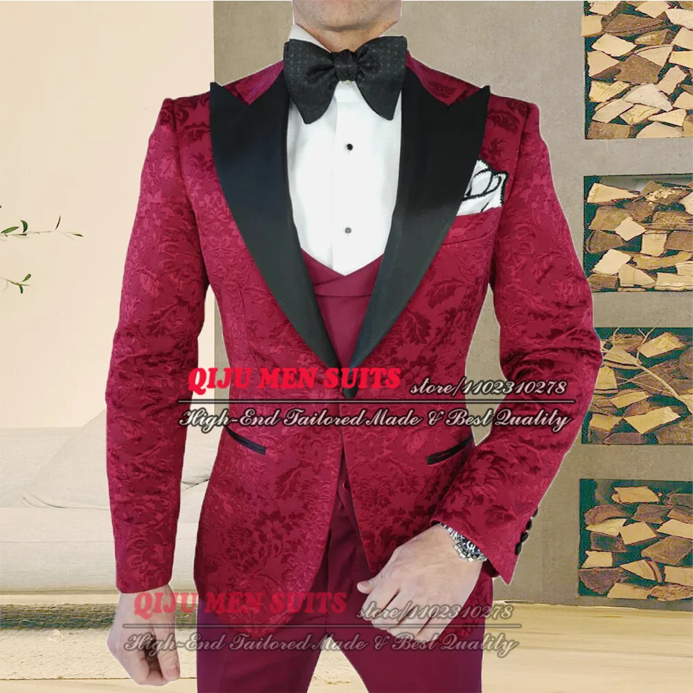 

Burgundy Wedding Suits Slim Fit Men's Formal Party Tuxedo Black Peaked Laple Blazer Vest Pants 3 Pieces Groom Man Business Dress