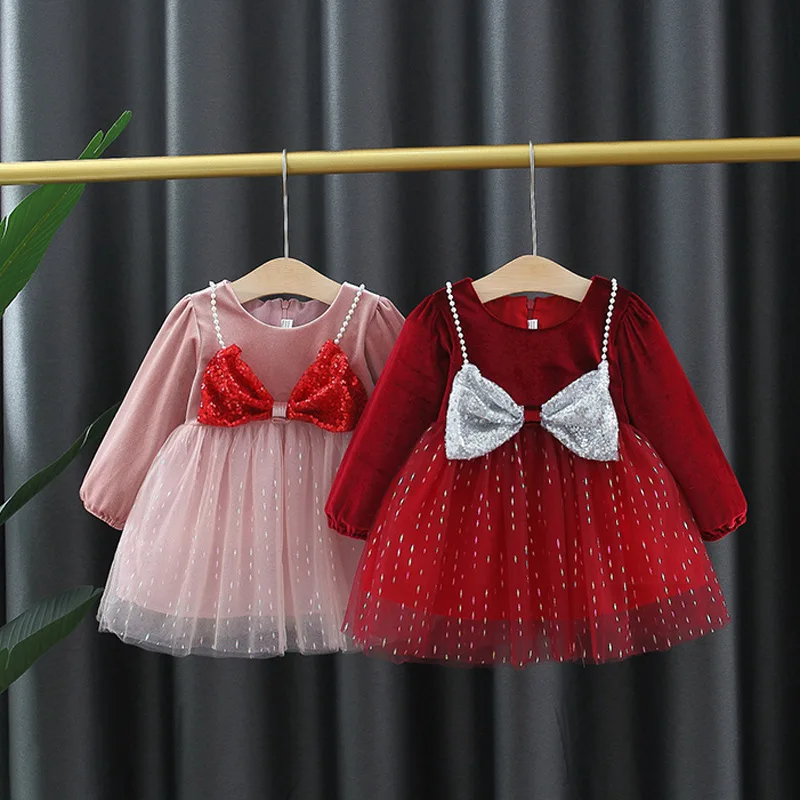

Autumn 1st Birthday Baby Girls One Piece Dress Sequined Bow Mesh Princess Party Kids Tutu Cute Dresses Toddler Clothes Vestidos