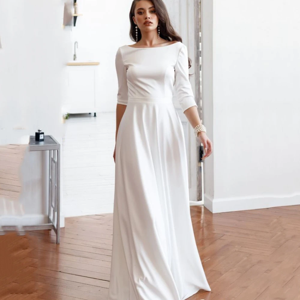 Classic Wedding Dress Three Quarter Sleeve O-Neck Zipper Back Bride Gown For Women Jersey Floor Length A-Line Vestido De Noiva
Classic Wedding Dress Three Quarter Sleeve O-Neck Zipper Back Bride Gown For Women Jersey Floor Length A-Line Vestido De Noiva