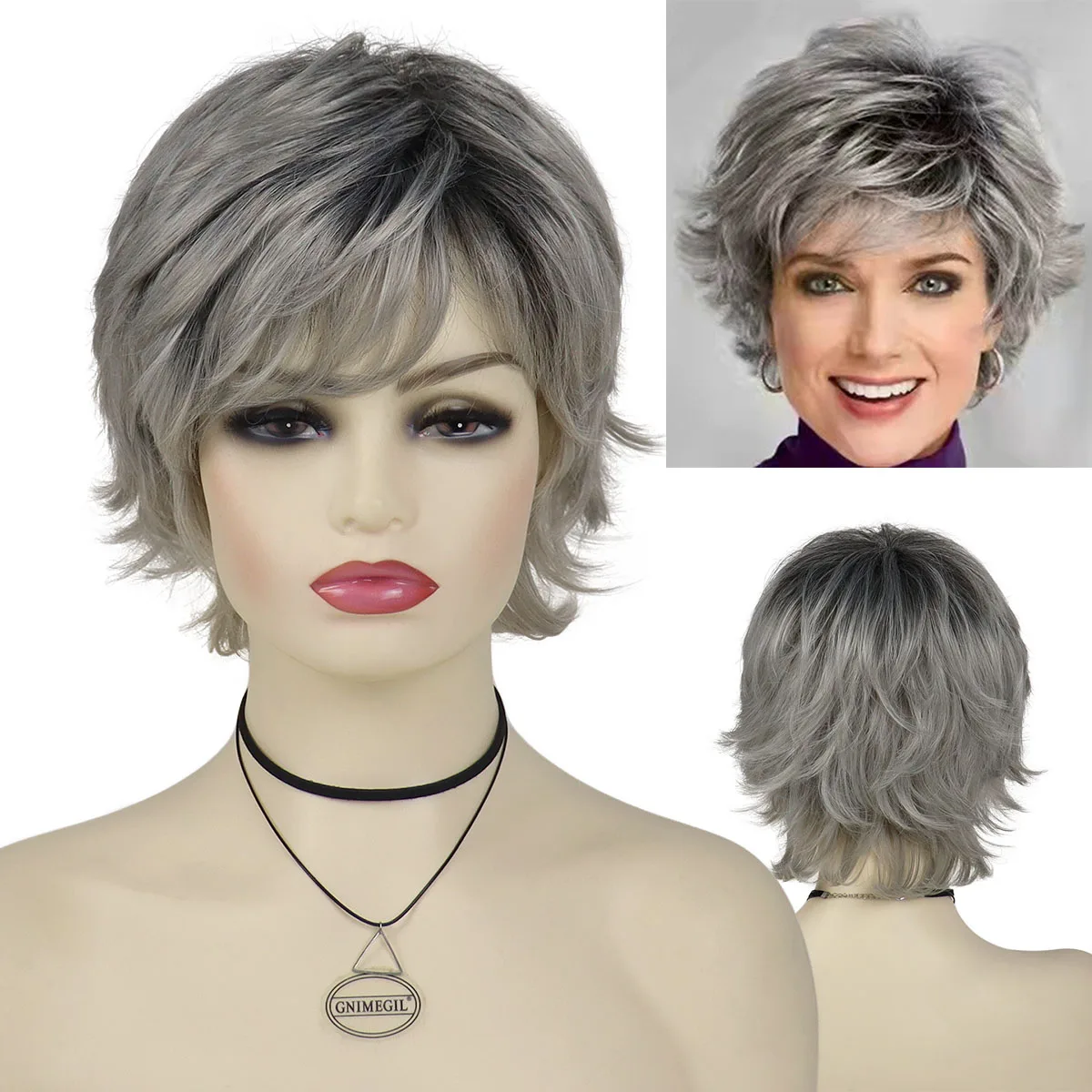 

GNIMEGIL Synthetc Wigs for White Women Ombre Gray Short Hair Curly Wig with Bangs Layered Haircut Mommy Hairstyle Old Lady Wig
