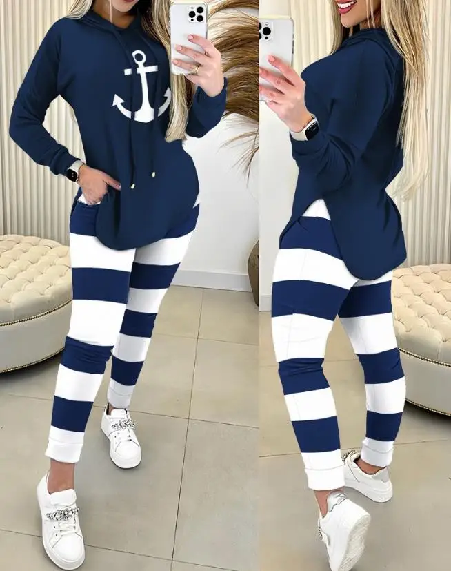 Casual Autumn Two Piece Set Women Outfit 2023 Anchor Print Long Sleeve Hoodie Top & Fashion Striped Drawstring Pants Set Lady
Casual Autumn Two Piece Set Women Outfit 2023 Anchor Print Long Sleeve Hoodie Top & Fashion Striped Drawstring Pants Set Lady