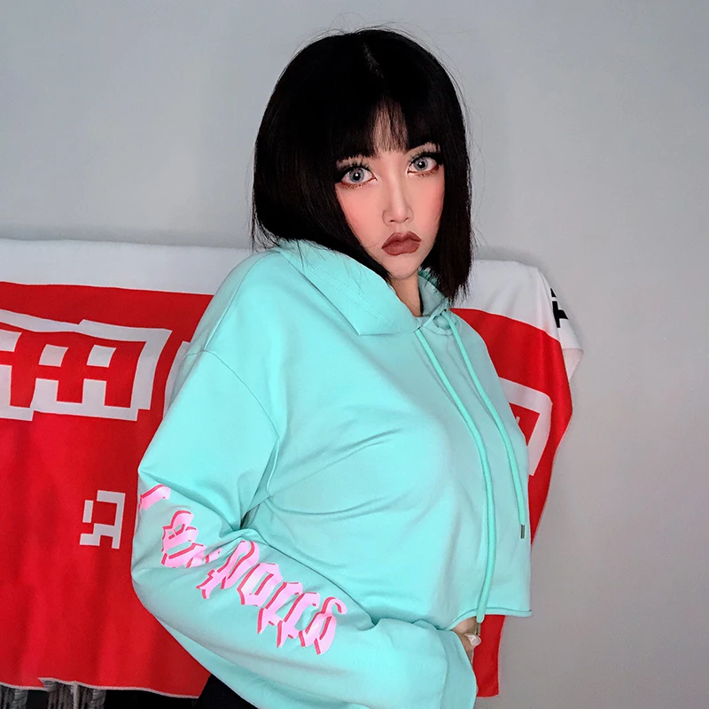 

Women 2023 Fall Green Hip Hop Harajuku Crop Top Streetwear Raglan Long Sleeve Loose Panelled Letter Hoodies Sweatshirt