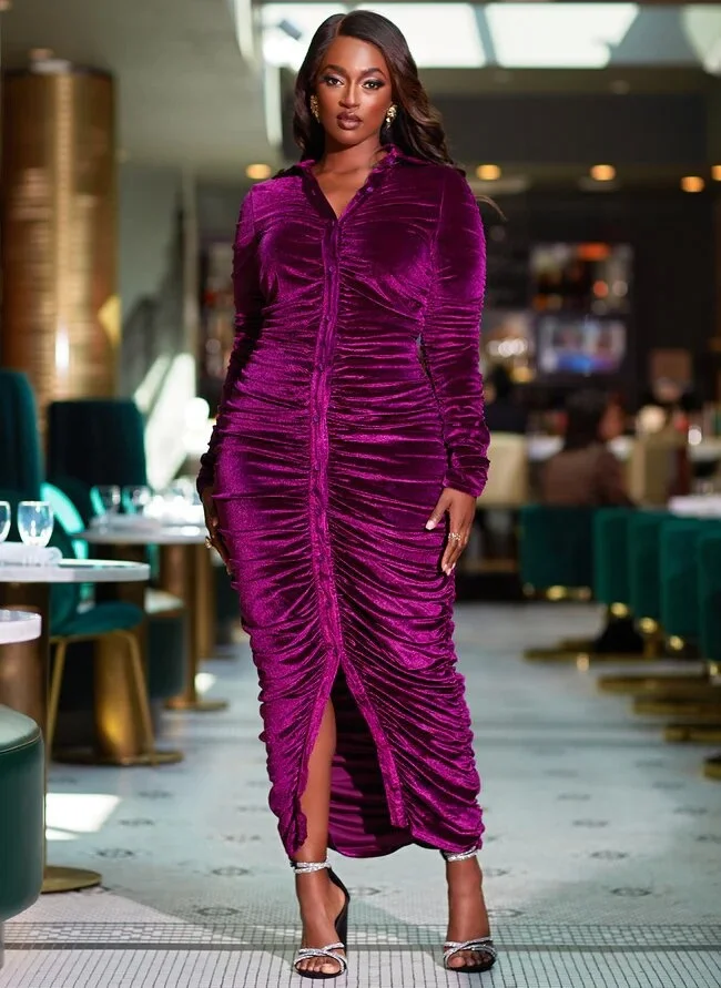 Fashion new autumn and winter lapel slim purple velvet long sleeve button pleated split elegant women's dress
Fashion new autumn and winter lapel slim purple velvet long sleeve button pleated split elegant women's dress